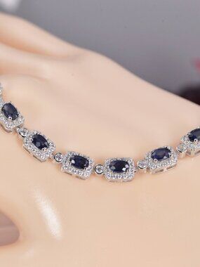 Natural Halo Blue Sapphire Tennis Bracelet Real Solid 925, 7"